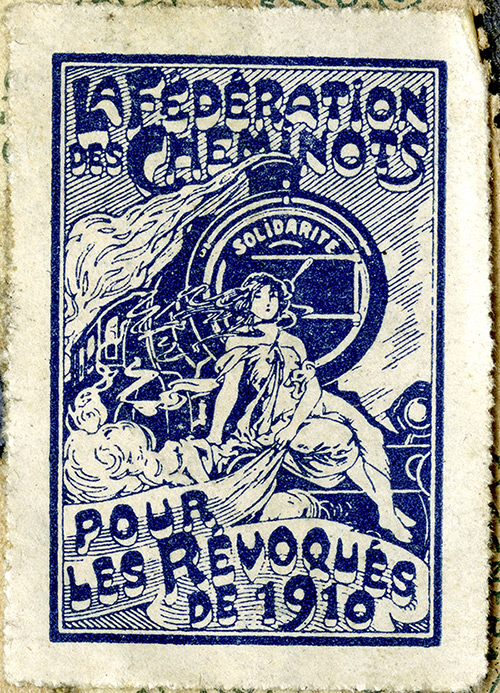 Timbre de la Fédération nationale des travailleurs des chemins de fer éditée en 1919-1920 en solidarité aux grévistes révoqués de 1910